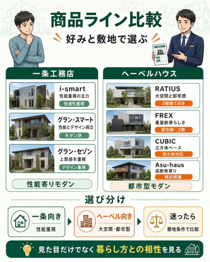 商品ラインとデザインの相性を比較する住宅図解