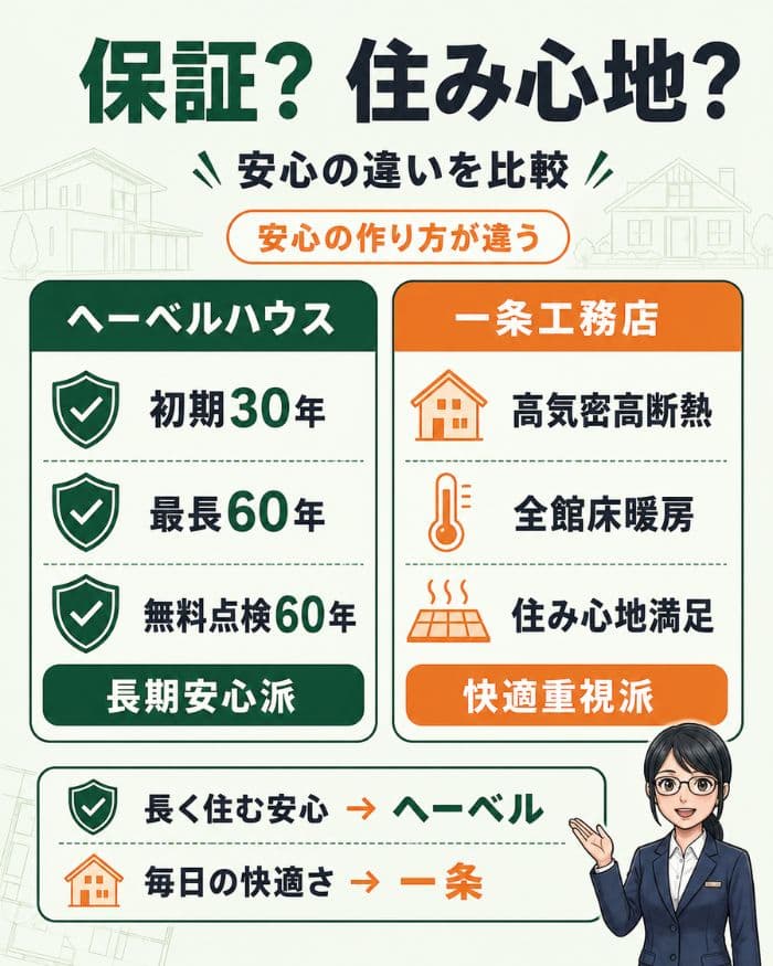 保証と住み心地の違いを比較する住宅会社インフォグラフィック