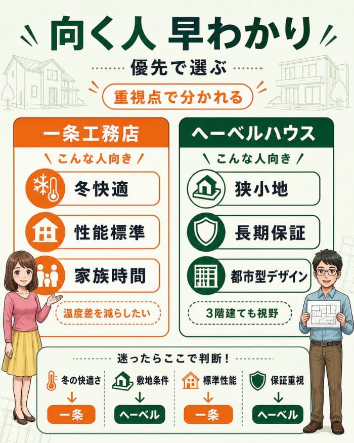 一条工務店とヘーベルハウスが向く人を優先軸で比較