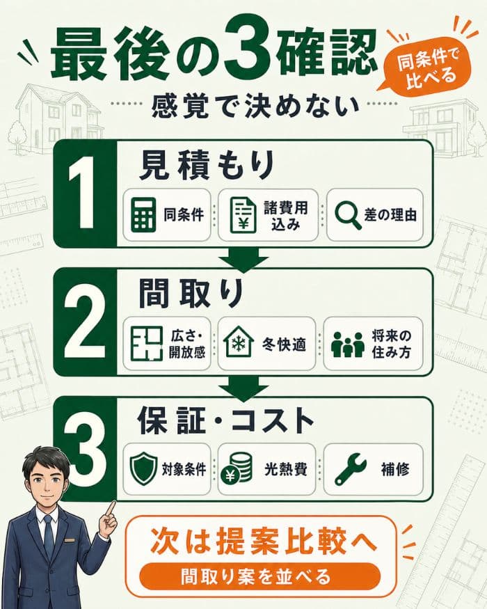 住宅会社選びの最終確認ポイント3つを示す図解