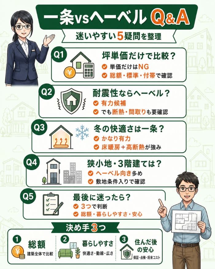 一条工務店とヘーベルハウス比較のFAQを整理した図解