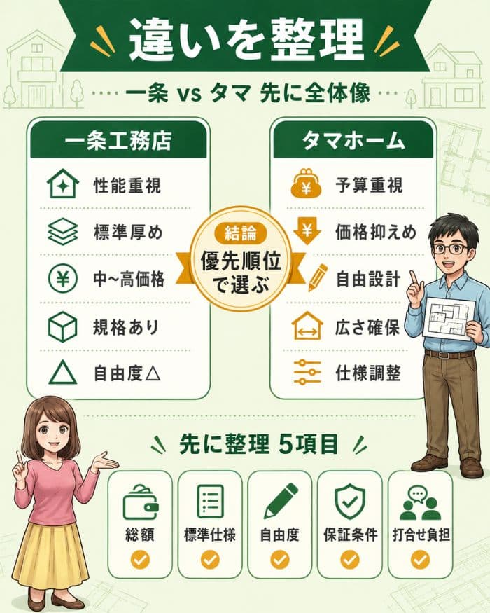 一条工務店とタマホームの違いを優先順位で整理した比較図