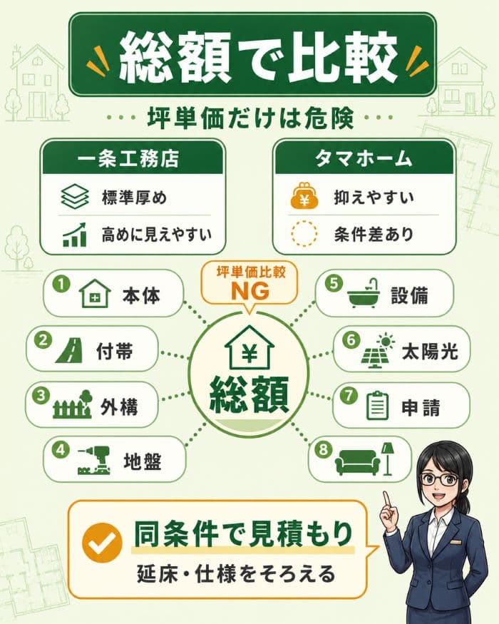 坪単価ではなく総額で住宅費用を比較するための図解