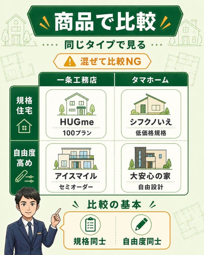 一条工務店とタマホームの商品タイプ別比較マトリクス