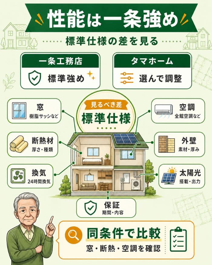 一条工務店とタマホームの標準仕様と性能差の図解
