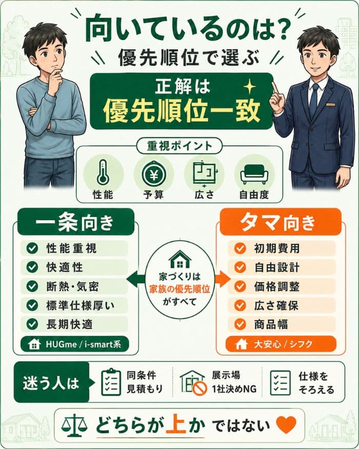一条工務店とタマホームの向き不向き図解