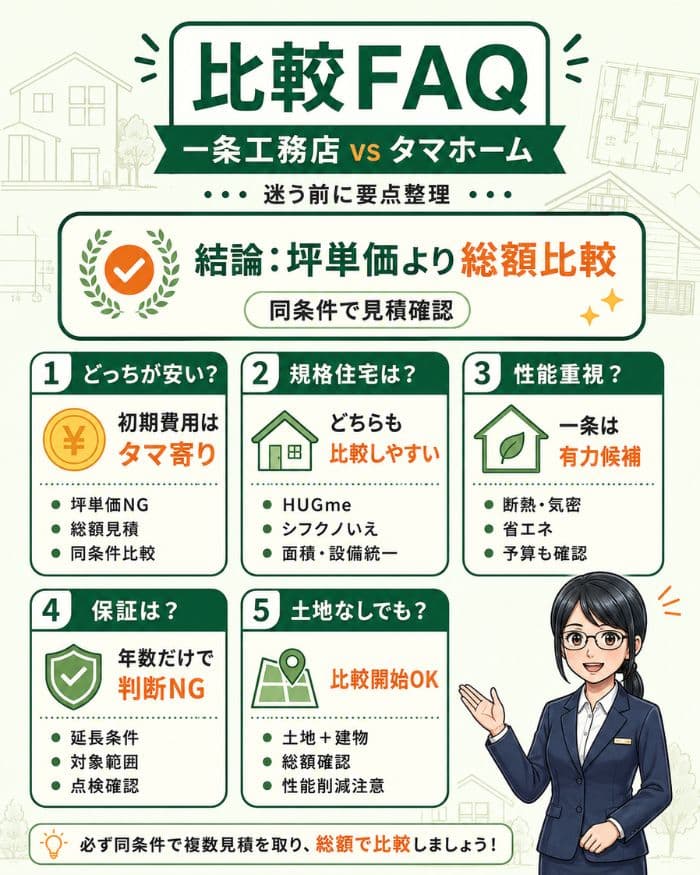 坪単価より総額比較を促す住宅会社比較FAQ図解