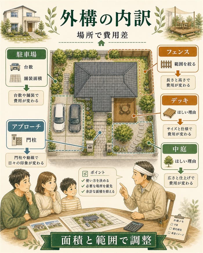 駐車場アプローチフェンスなど外構費用内訳を整理した図解