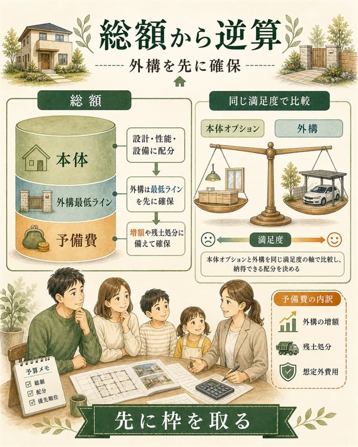 総額から外構最低ラインと予備費を逆算する予算図解