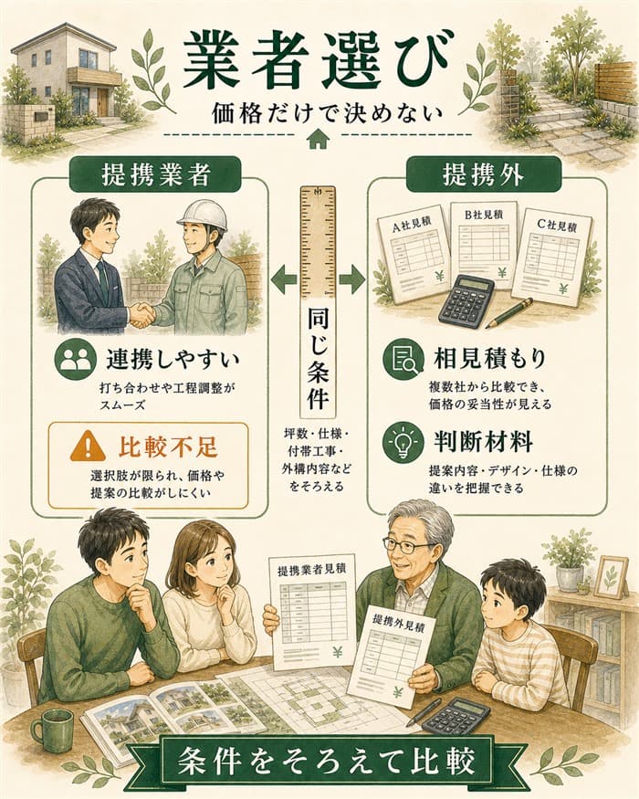 提携業者と提携外業者を同条件で比較する外構図解