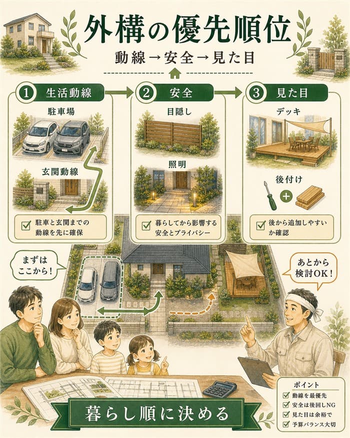 外構優先順位を生活動線安全見た目の順で示した図解