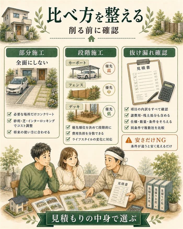 外構費用を抑えるため見積もりの比べ方を整える図解