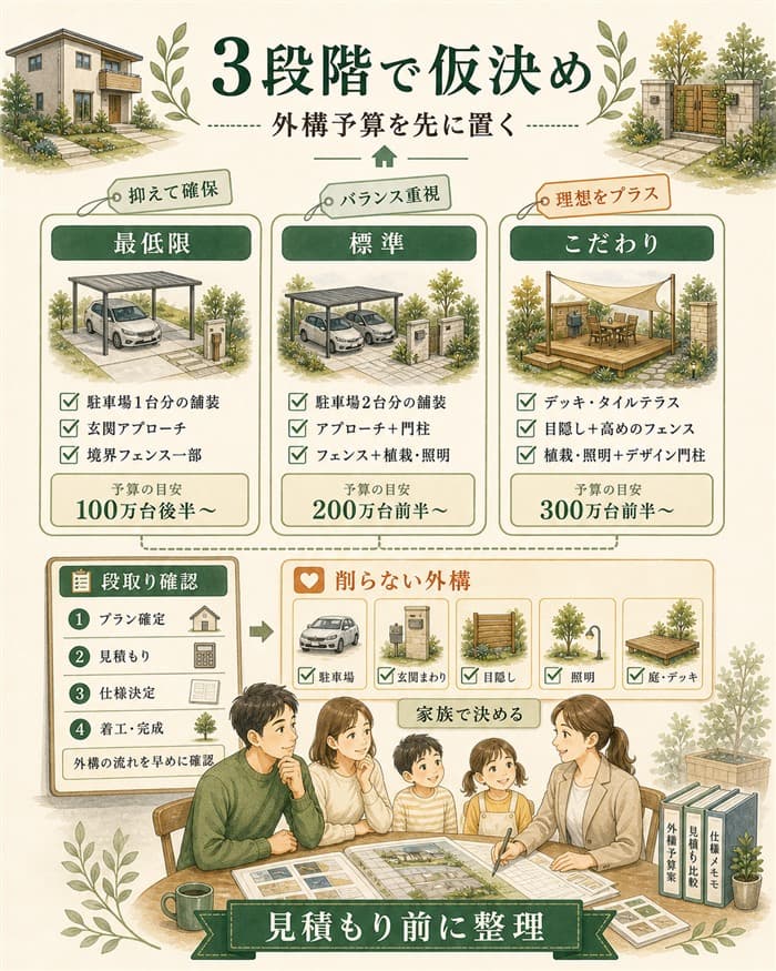 外構予算を最低限標準こだわりの3段階で仮決めする図解