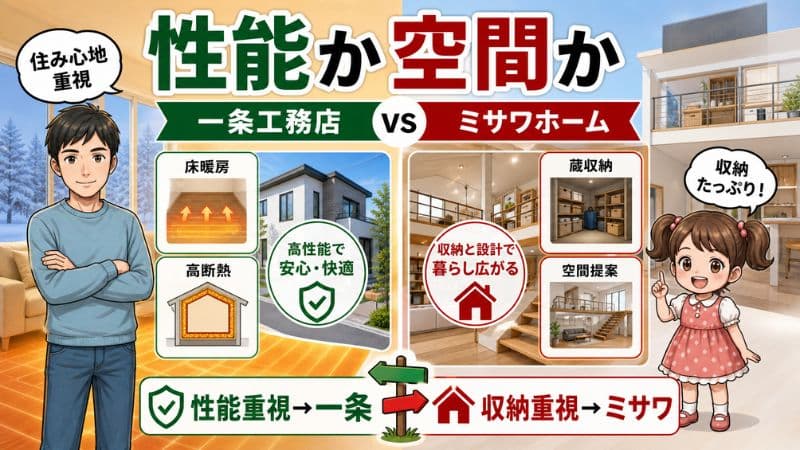 一条工務店とミサワホームはどっち？性能か収納か、違いと坪単価を解説 