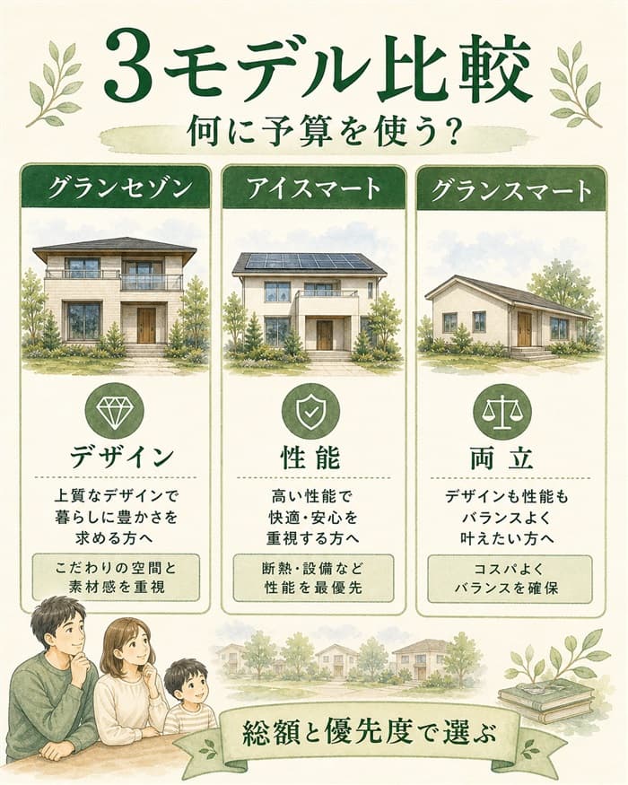 グランセゾンとアイスマートなど三モデルの違いを比較した図解