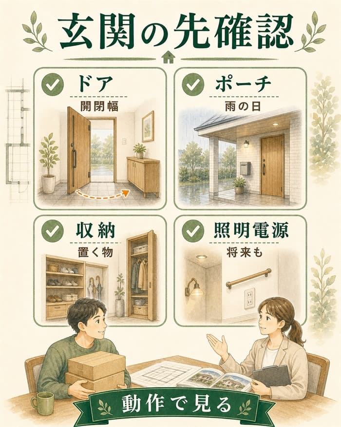 玄関ドア・ポーチ・収納の確認項目を示した図解