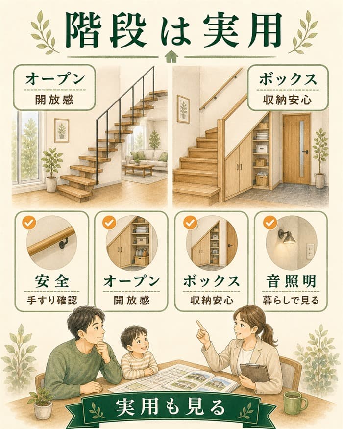 階段を安全性・収納・音で比較する住宅仕様図解