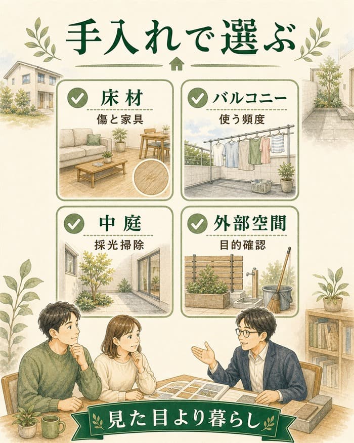 床材・バルコニー・中庭を手入れで選ぶ図解