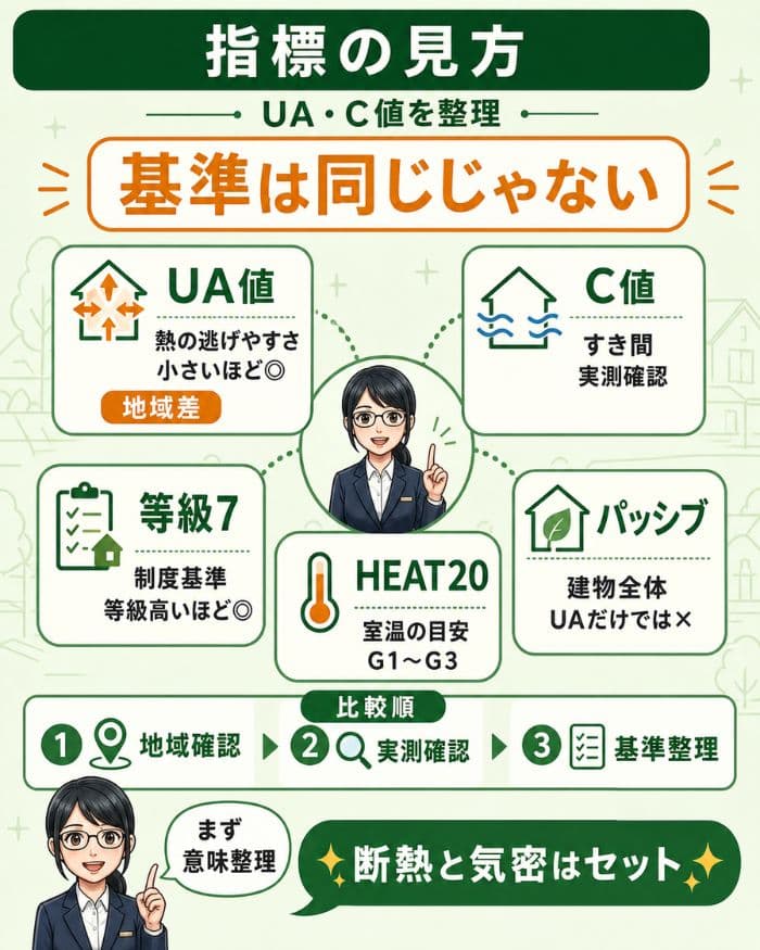 高断熱住宅のUA値・C値などの指標解説図