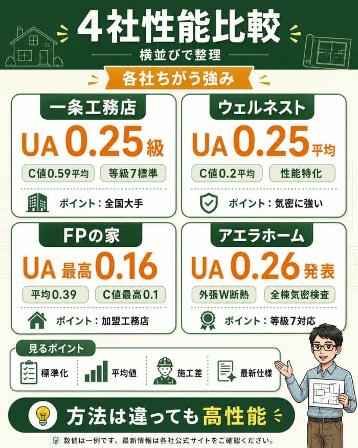 一条工務店など4社の断熱気密性能比較図