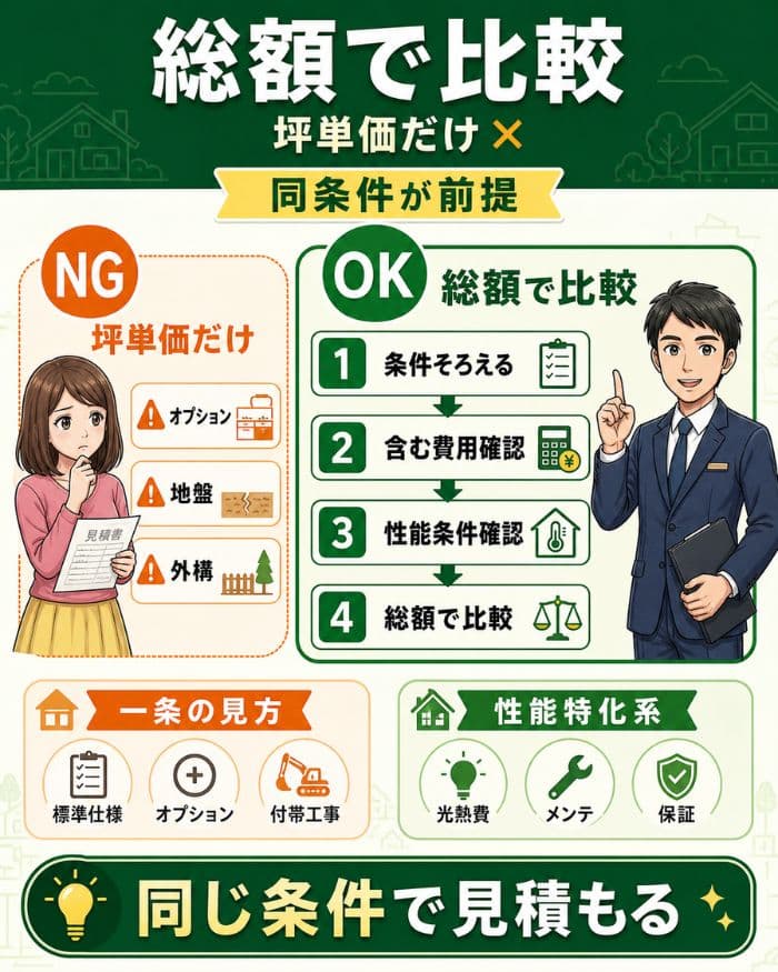 高断熱住宅の坪単価と総額比較の注意点図
