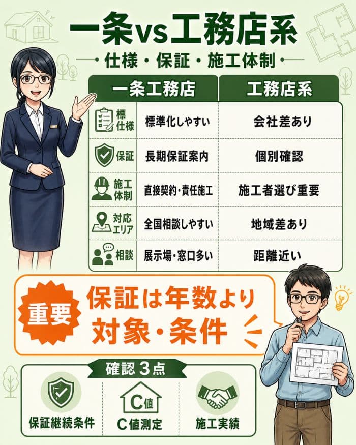 一条工務店と工務店系の仕様・保証・施工体制比較