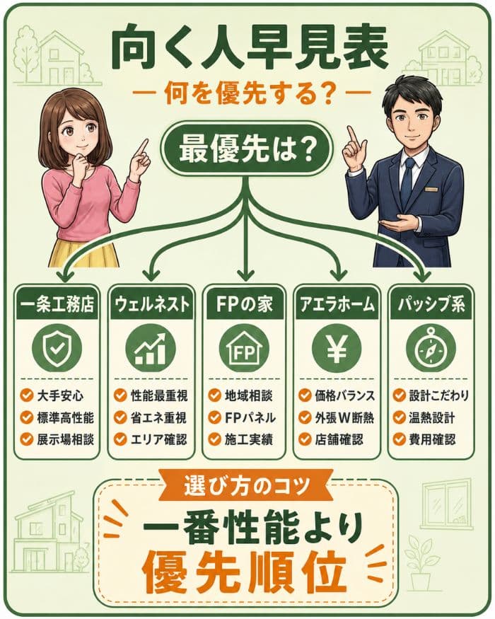 高断熱住宅メーカー別に向く人を整理した早見表