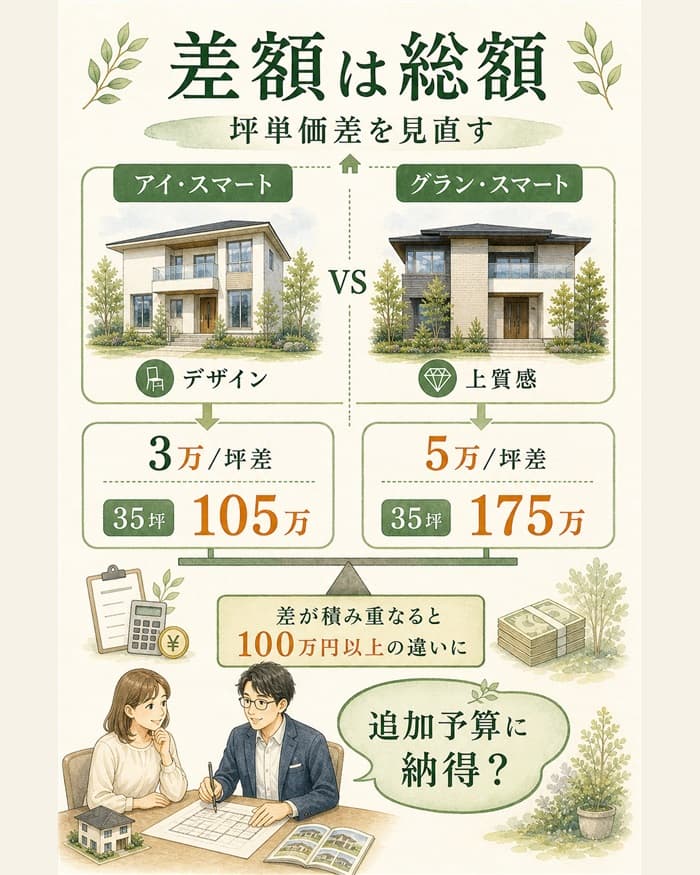 アイスマートとグランスマートの坪単価差を総額化した図解