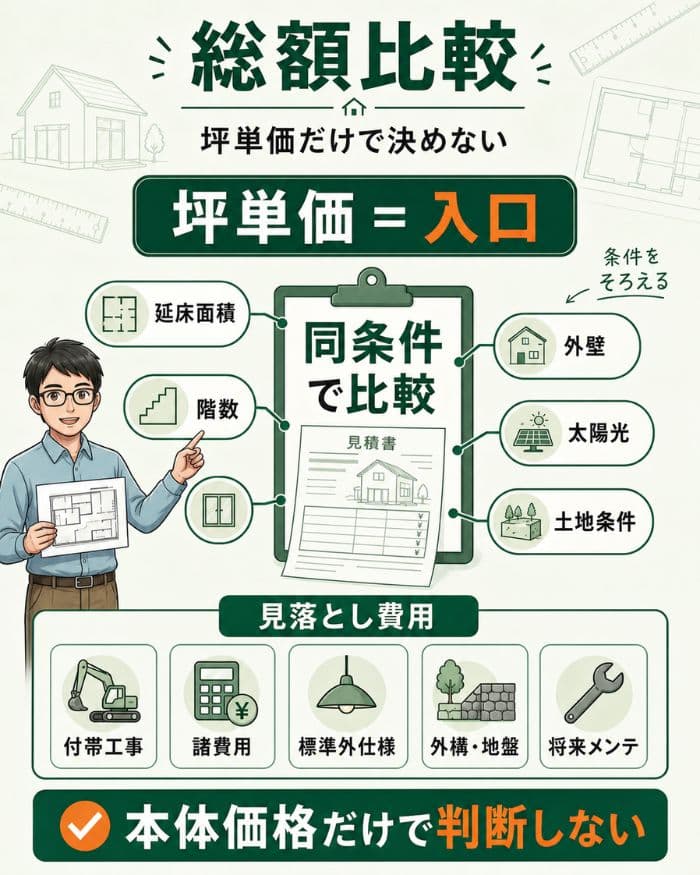 坪単価ではなく総額を同条件で比較する図解
