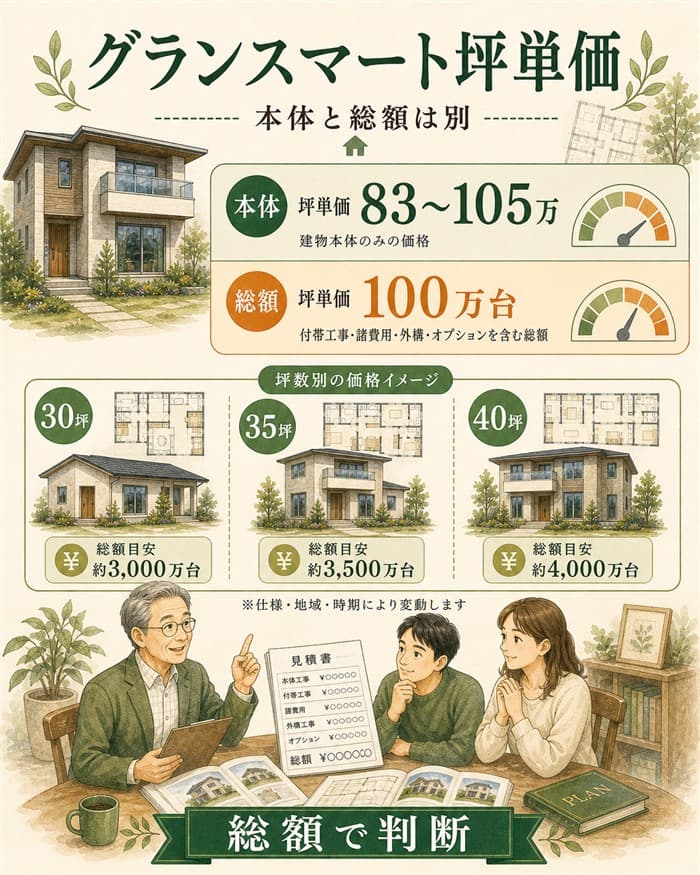グランスマート本体坪単価と総額坪単価の違いを示した図解