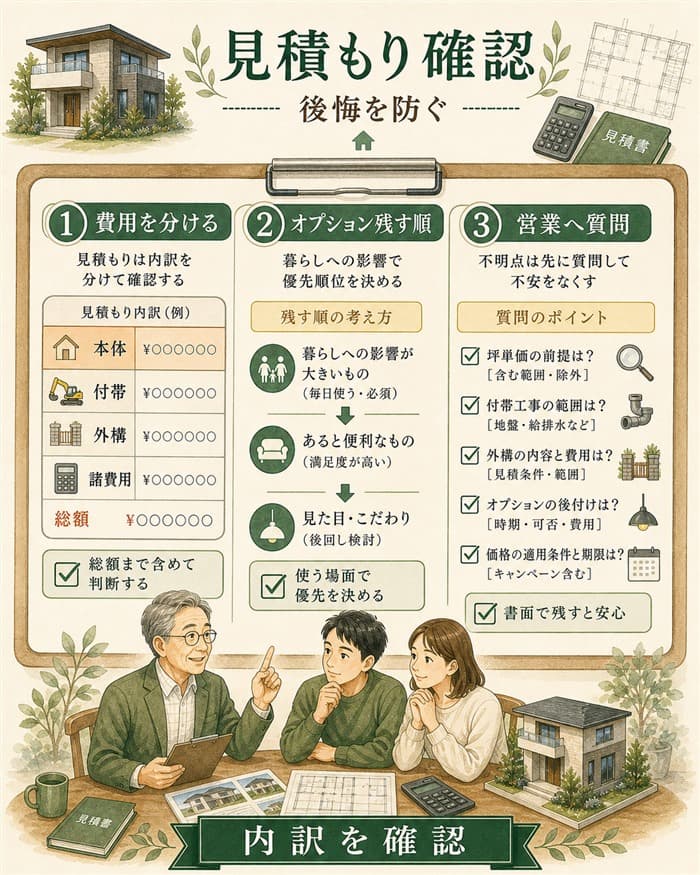 グランスマート見積もりで費用内訳と質問を確認する図解