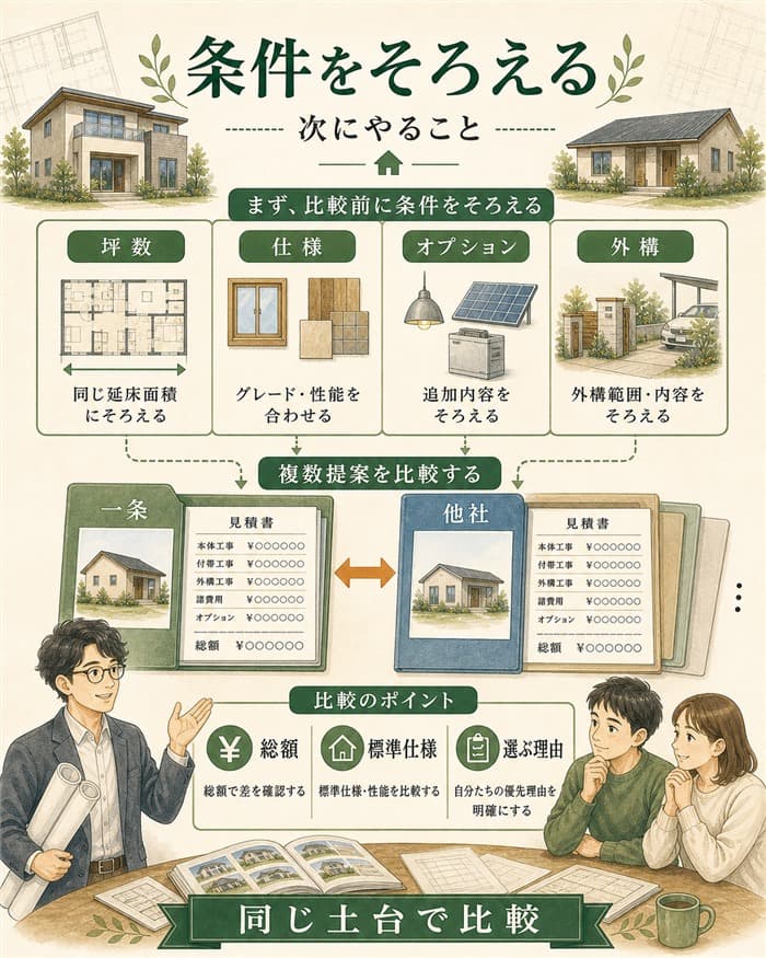 見積もり条件をそろえて複数提案で比較する手順図解