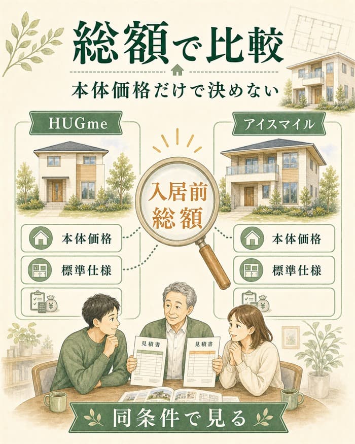 HUGmeとアイスマイルを総額で比べる住宅図解