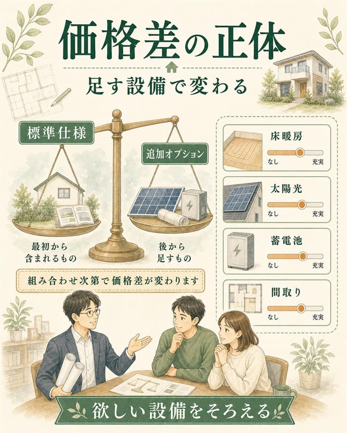 標準仕様と追加オプションで価格差を見る図解