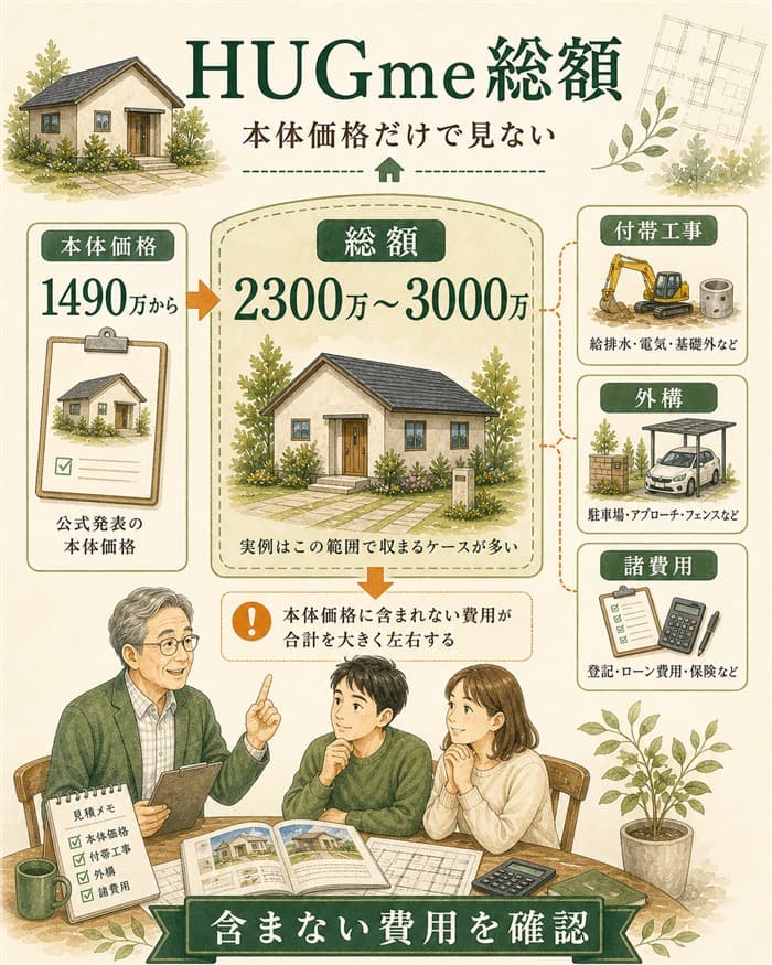 HUGmeの本体価格と総額2300万から3000万円の差を示した図解