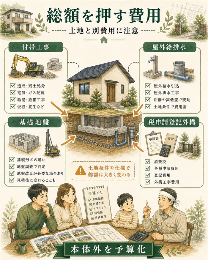 HUGme総額を押し上げる付帯工事や地盤改良を整理した図解
