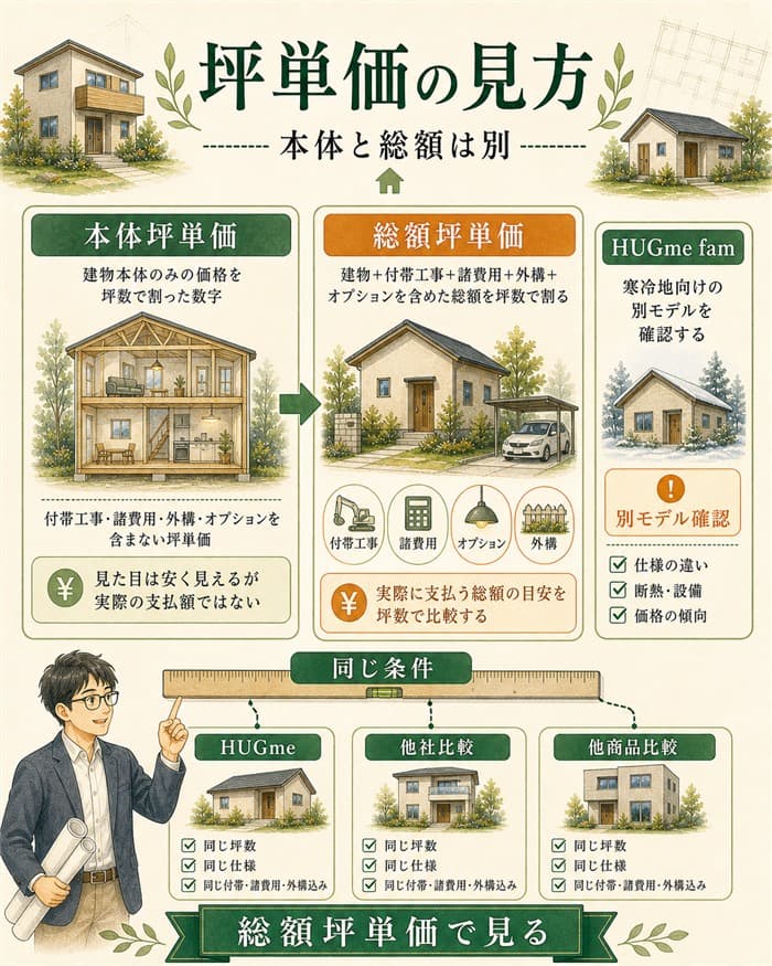 HUGmeの本体坪単価と総額坪単価の違いを示した図解