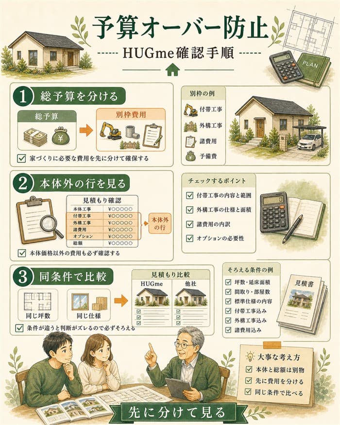 HUGmeの予算オーバーを防ぐ見積もり確認手順の図解