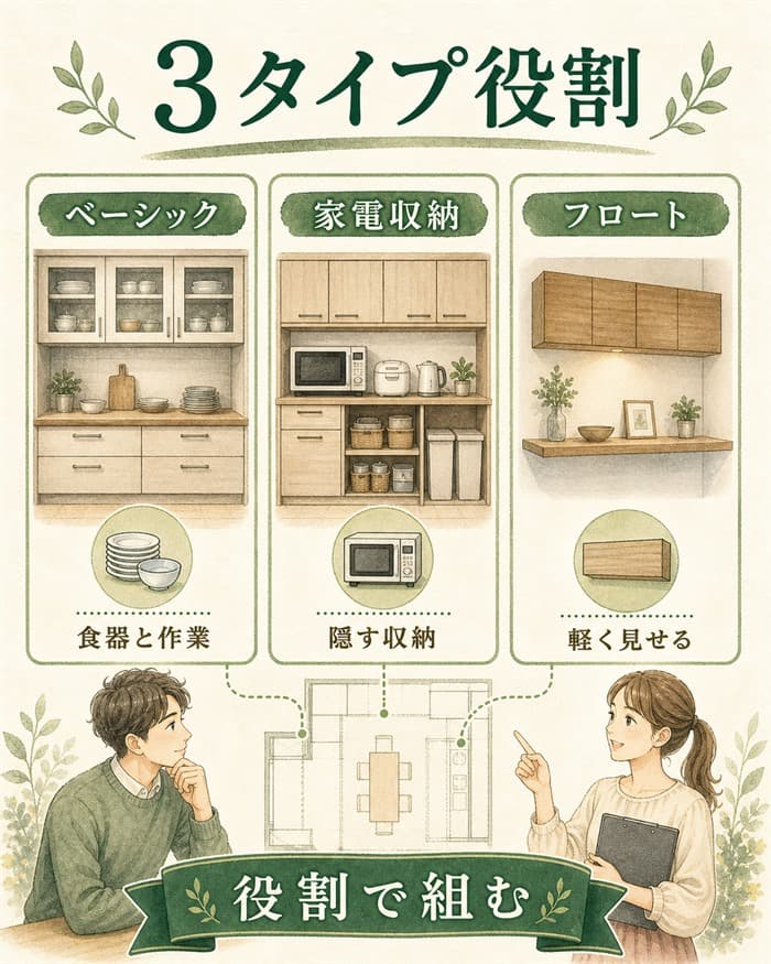 3種類のカップボードを役割別に比較した図解
