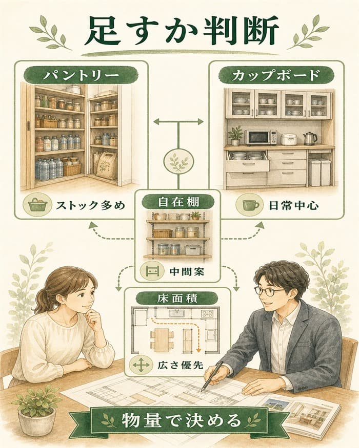 パントリー追加の要否を収納量で判断する図解