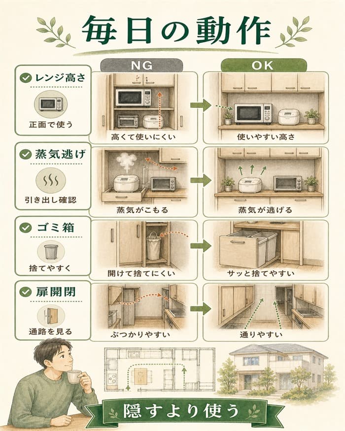家電収納とゴミ箱を毎日の動作で確認する図解