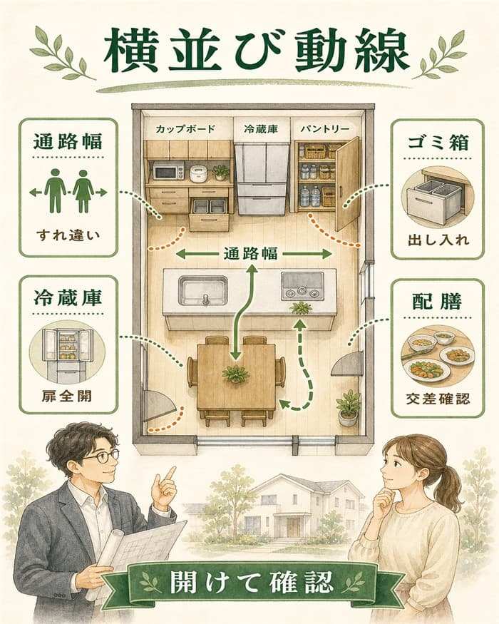 横並び配置の通路幅と扉干渉を示す動線図