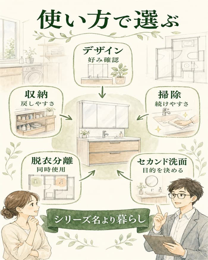洗面台をシリーズ名より家族の使い方で選ぶ判断図解