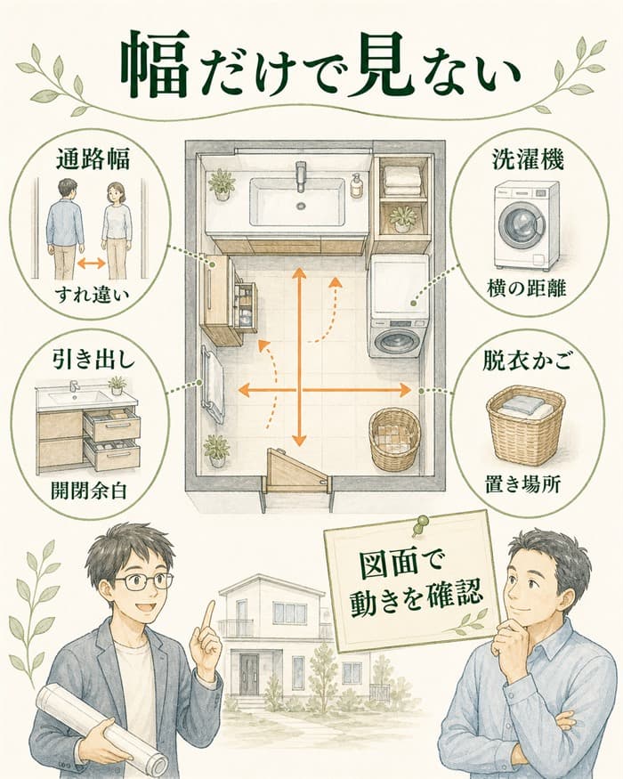 洗面台の幅だけでなく通路や脱衣動線を見る図解