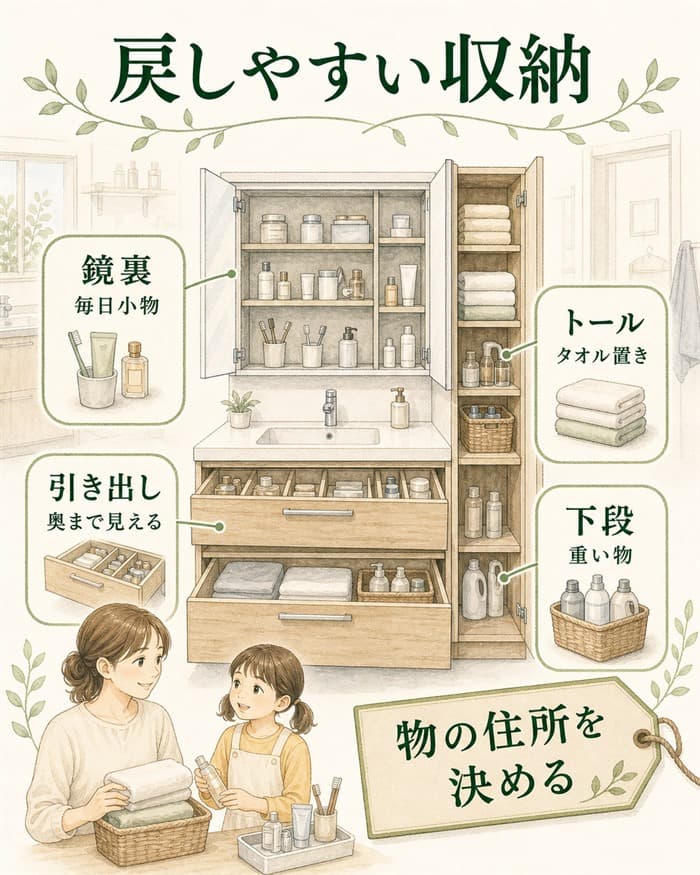 洗面台収納を量より戻しやすさで考える収納図解