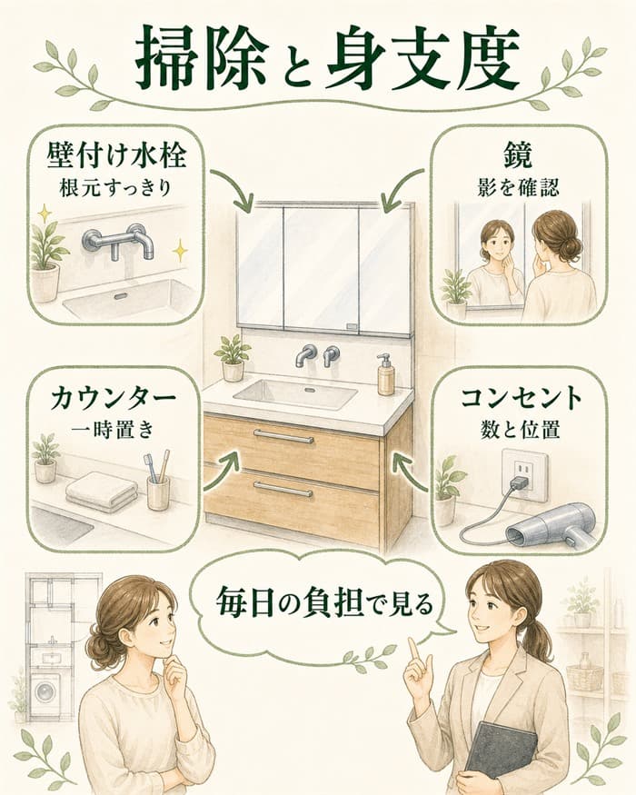 掃除と身支度を水栓や鏡とカウンターで確認する図解
