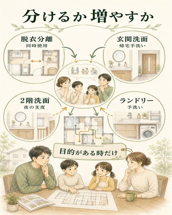 洗面脱衣分離とセカンド洗面を目的で判断する図解