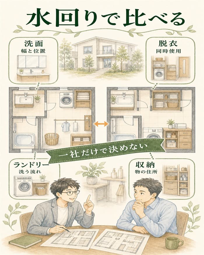 洗面台単体でなく水回り全体を比較する間取り図解