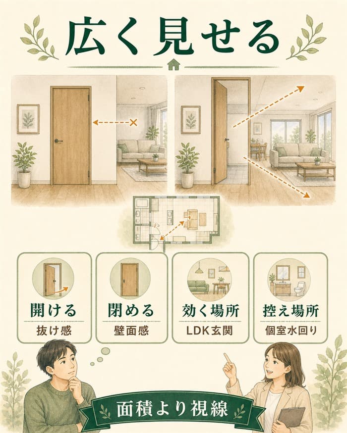 ハイドアの広く見える効果を視線で整理した図解