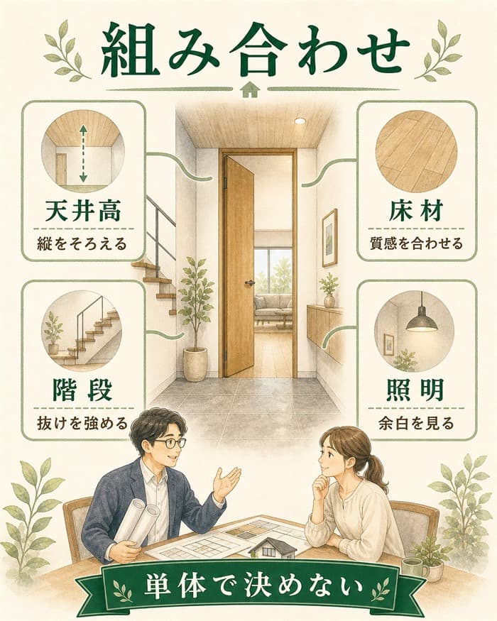 ハイドアと天井高・床材・階段の組み合わせ図解